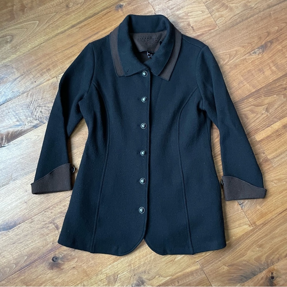 Icelandic Design Black & Brown Wool Coat with Metal Buttons Stand Collar Detail - Picture 7 of 15